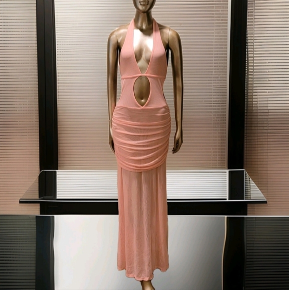 NWT Sexy Pink Halter Cut-Out Ruched Sheer Mesh Ibiza Maxi Dress Sz M - Picture 3 of 14